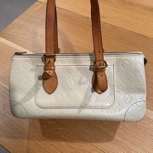 Louis Vuitton Cream Patent Monogram Shoulder Bag with Tan Leather Straps